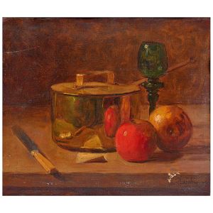 <b>PEDRO ALEXANDRINO</b><BR>(1856-1942)<BR>Natureza Morta <BR>Óleo s/ tela<BR>Ass. cid<BR>Apresenta perda de pigmentação<BR>36 x 41 cm
