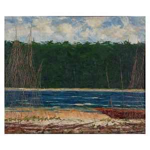 <B>JOSÉ PAULO MOREIRA DA FONSECA </B><BR>(1922-2004) <BR>Paisagem com Rio<BR>Óleo s/ tela<BR>Ass. no centro inferior<BR>46 x 55 cm