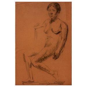 <b>MANOEL SANTIAGO</b><BR>(1897-1987)<BR>Nu Feminino<BR>Carvão s/ papel<BR>Ass. e datado 1931, no centro inferior<BR>55 x 36 cm