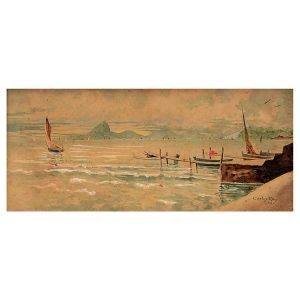 <b>CARLOS REIS</b><br>(1863-1940)<br>Vista da Baía de Guanabara<br>Guache s/ cartão<br>Ass. e datado 1924, cid<br>14 x 31 cm
