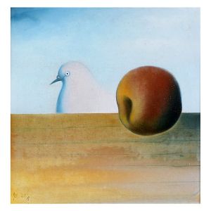 <b>ADILSON SANTOS</b><br>(1944)<br>Pomba - Série Nuvenzinha<br>Óleo s/ tela<br>Ass. e datado 76, cie e verso<br>32 x 32 cm