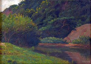 <b>BAPTISTA DA COSTA, JOÃO</b><BR>(1865-1926)<BR>Paisagem c/ o Rio Piabanha<BR>Óleo s/ tela<BR>Ass. cid<BR>38 x 55,5 cm