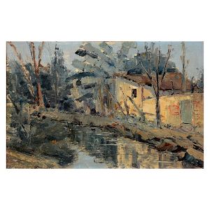 <B>KAMINAGAI, TADASHI</B><BR>(1899-1982)<BR>Paisagem com Rio<BR>Óleo s/ madeira<BR>Ass. e datado 59, cie<BR>27 x 41 cm