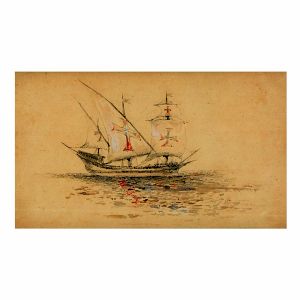 <b>CASTAGNETO, GIOVANNI BATTISTA</b><br>(1851-1900)<br>Caravela Navegado<br>Óleo s/ cartão<br>Ass. cid<br>14 x 23 cm