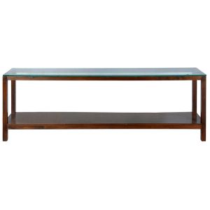 <b>Aparador </b>em madeira, de linhas retas, com prateleira inferior e tampo em vidro. Med. 77 x 222 x 43 cm