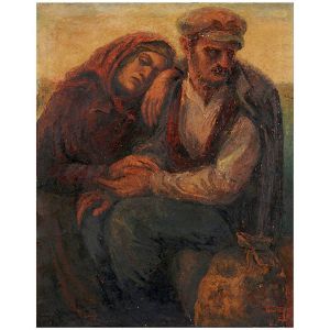 <b>HUMBERTO COZZO</b><BR>(1900-1981)<BR>Casal de Retirantes<BR>Óleo s/ tela<BR>Ass. e datado 945, cid<BR>90 x 70 cm
