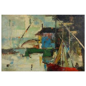 <B>DURVAL PEREIRA</B><BR>(1917-1984)<BR>Porto com Barcos<BR>Óleo s/ tela<BR>Ass. e datado 1979, cie<BR>70 x 100 cm