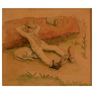 <b>GOMIDE, ANTÔNIO </b><BR>(1895-1967)<BR>Lenhador Descansando<BR>Aquarela s/ papel<BR>Ass. cid<BR>18,5 x 21,5 cm
