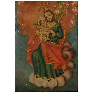 <b>Artista não identificado</b><BR>São José e Menino Jesus<BR>Óleo s/ chapa de metal<BR>27,5 x 20 cm