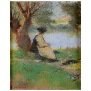 <b>Assinatura não identificada</b><BR>Moça na Beira do Lago<BR>Óleo s/ tela<BR>Ass. cie<BR>42 x 34 cm