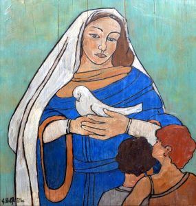 <b>GUILHERME MALFATTI</b><BR>Nossa Senhora<BR>Óleo s/ madeira<BR>Ass. e datado 56, cie<BR>60 x 54 cm<BR>