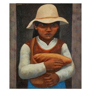 <B>MÁRIO MOLLARI</B><BR>(1930-2010)<BR>Camponês com Pão<BR>Óleo s/ juta<BR>Ass. cse<BR>70 x 60 cm