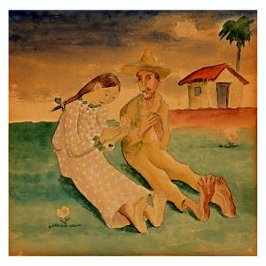 <b>GOMIDE, ANTÔNIO </b><BR>(1895-1967)<BR>Casal Caipira<BR>Aquarela s/ papel<BR>14,5 x 14,5 cm