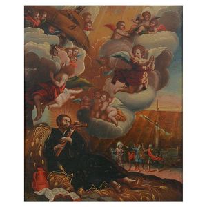<b>JOÃO DEL POZO</b><BR>Visão de São Francisco Xavier<BR>Óleo s/ tela<BR>94 x 74 cm