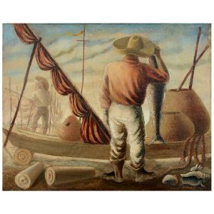 <b>FERNANDO P</b><BR>(1917-2005)<BR>Pescador<BR>Óleo s/ tela<BR>Ass. cid<BR>80 x 105 cm