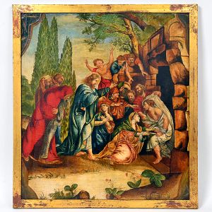 <b>Escola Europeia</b><BR>Cena Religiosa<BR>Óleo s/ madeira<BR>Séc. XVIII<BR>64 x 50 cm