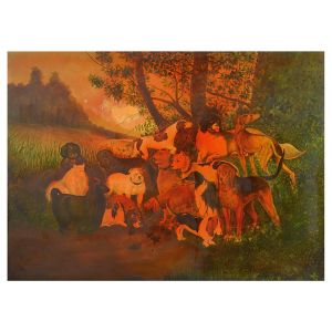 <b>Artista não identificado</b><BR>Matilha de Cães<BR>Óleo s/ tela<BR>110 x 150 cm