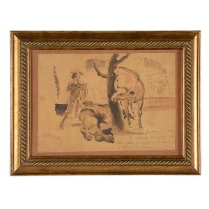 <b>AUGUSTE RODIN</b><Br>(1840-1917)<Br>Escola Francesa<Br>Cena Mitológica<Br>Técnica mista s/ papel<Br>Ass. e titulado, na lateral direita<Br>17,5 x 25 cm