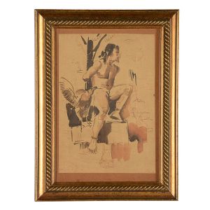 <b>AUGUSTE RODIN</b><br>(1840-1917)<br>Escola Francesa<br>Le Supplice de Prométhée<br>Técnica mista s/ papel<br>Ass. e titulado, na lateral direita<br>25 x 17,5 cm