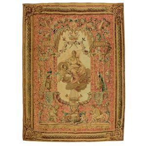 <b>Tapeçaria </b>francesa representando alegoria com musa da antiguidade clássica cercada por "puttis" e edificação com aves. Séc. XIX. Med. 240 x 175 cm