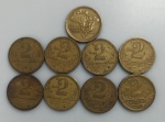 9 MOEDAS 2 CRUZEIROS DATAS VARIADAS - BRONZE-ALUMINIO - 8 GRAMAS - 25MM - LOTE AVALIADO ENTRE R$ 72,00 A R$ 162,00 - NO ESTADO CONFORME FOTO
