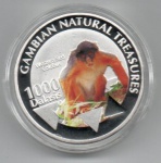 MOEDA GAMBIA - 1000 DALASIS 2015 - COBRE REVESTIDO DE PRATA - 28 GRAMAS - 40MM - FC - TESOUROS NATURAIS DA GAMBIA - COLOBO VERMELHO OCIDENTAL - REPLICA EM PERFEITO ESTADO CONFORME FOTOS
