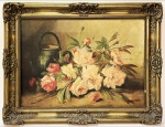 Óleo s/ tela anos '1900" representando ramos de rosas e jarro c/ alça assinado ONJUR no c.i.d. possivelmente italiano. Moldura de madeira ricamente trabalhada com conchas e volutas em dourado. Tela de 46 x 62 cm e moldura com 61 x 77 cm.