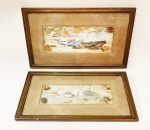 Belo e delicado par de quadros em cartão com paspatur e friso dourado, marinha c/ navio de guerra e barcos na praia com pescador. Vidro sobre as artes da Casa Guimarães. Cartões de 18 x 6,5 cm e moldura de 29 x 17 cm.