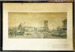 Anthonie Berstraaten - antiga gravura em bico de nanquim, possivelmente Cais de Amsterdam  paspatur c/ descrições apresentando marcas do tempo Obra emoldurada com vidro e adeira em pátina dourada. Mede 25 x 50 cm e moldura de 50 x 62 cm.