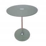 Mesa circular com tampo e na base em vidro jateado com coluna cromada, Diam. 50, Alt.665 cm.