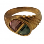 Anel feminino, aro 20 em ouro 18k. com pedra turmalina e pedra rosa, 4,9g. Bruto.