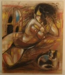Crayon - ass. Ilegível, "Mulher e Gato" - tm. - dat. 1991 - med. 50 x 42 cm