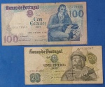  2  Cedulas / Portugal  , 20 e 100  Escudos !!! Decretos da decada de  1970 e 1980     !!!   !!!