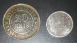 2 moedas - brasil - valor de 20 reis do ano de 1908 !! material bronze e 1 centavo FAO ano de 1975 !!