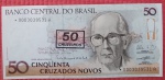 Cedula - Brasil - Cedula de Reposição !! 50 Cruzados novos !! numeração com asteristicos !! Flor de estampa !! com carimbo de 50 cruzeiros !!