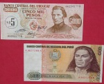 2 Cedulas / Peru e Uruguay !! Quinhentos Intis decreto de 1987 e Cinco mil Pesos com carimbo de desvalorização !! Flor de estampa !! 
