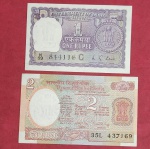 2 Cedulas - India - !! Valores em One Rupee e Two Rupees !! Soberbas  !!escrita em Ingles e Indiano   !! 