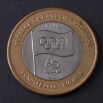 Moeda Brasileira, Comemorativa Entrega da Bandeira Olímpica, Valor 1Real, Ano 2012, Bimetálica, MBC/Soberba.