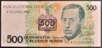 Cédula Brasileira, Valor 500 Cruzados Novos com Carimbo de 500 Cruzeiros, Série A3111...A, com as Assinaturas Maílson da Nóbrega/Wadico Bucchi, Somente 5000 Exemplares, Flor de Estampa.