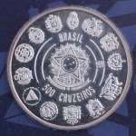 Moeda Comemorativa do Brasil, 5º Centenário do Descobrimento da América - Encontro de Dois Mundos, Valor 500 Cruzeiros, Data 1991, Prata, Estojo Original com Certificado, Flor de Cunho.