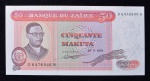 Cédula Estrangeira, ZAIRE, Valor 50 Makuta, Data 20/05/1978, Pequenas Manchas - Flor de Estampa.