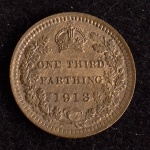 Moeda Estrangeira, INGLATERRA, Valor 1/3 Farthing, Ano 1913, Bronze, Flor de Cunho.