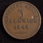 Moeda Estrangeira, BIRKENFELD - Estado Alemão, Valor 3 Pfennig, Ano 1848, Cobre, Soberba.