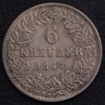 Moeda Estrangeira, Estado Alemão / HESSE - DARMSTADT, Valor 6 Kreuzer, Ano 1847, Prata, Alta Cotação nos Catálogos Internacionais, Difícil Encontrar neste Estado de Conservação - Flor de Cunho.