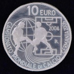 Rara Moeda Estrangeira Comemorativa, SAN MARINO, Itália Campeã da Copa do Mundo da Alemanha 2006, Valor 10 EUROS, Ano 2004, Prata, Peso 21,6 g, Diâmetro 34 mm, Flor de Cunho.