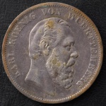 Moeda Estrangeira, ALEMANHA - WURTTEMBERG, Valor 5 Marcos, Data 1876 F, Prata, Peso 27,6 g, Diâmetro 38 mm, MBC/Soberba.