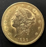 Moeda Americana, Valor 20 Dollars, Ano 1896, Ouro, Peso 33,4 g, Diâmetro 34 mm, Soberba/FC.