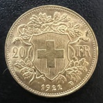 Moeda Estrangeira, SUÍÇA, Valor 20 Francos, Ano 1922 B, Ouro, Peso 6,5 g, Flor de Cunho.