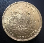 Moeda Estrangeira, CHILE, Valor 20 Pesos, Ano 1926, Ouro, Peso 20,3 g, Soberba.
