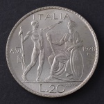 Moeda Estrangeira, "RÉPLICA", ITÁLIA, Valor 20 Liras, Ano 1928 R, Prata Baixa, Peso 20,3 g, Flor de Cunho.